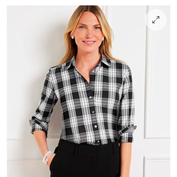 Talbots non iron cotton perfect shirt parade plaid collared blk wht red buttoned - Picture 12 of 12